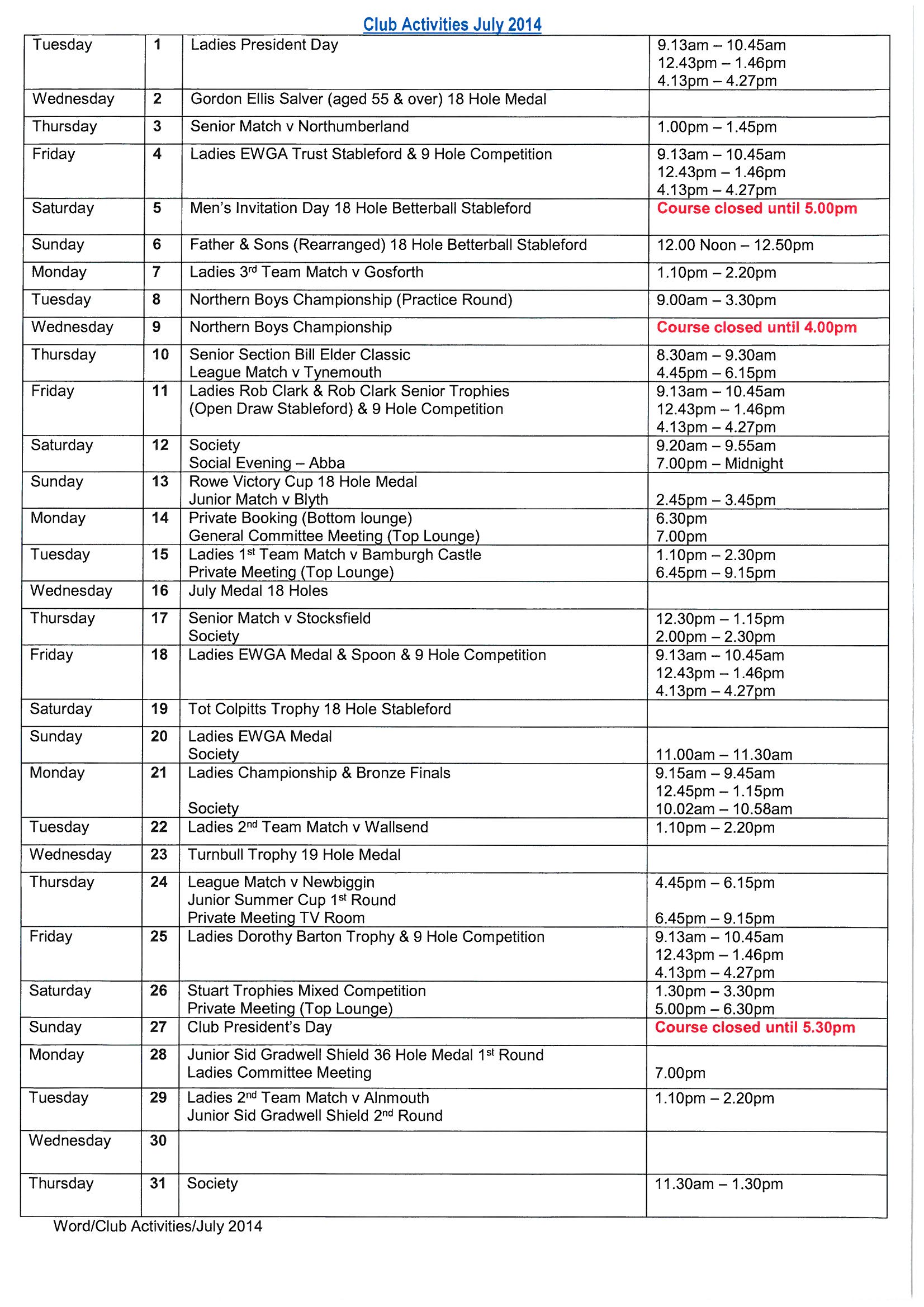 Club Activities July