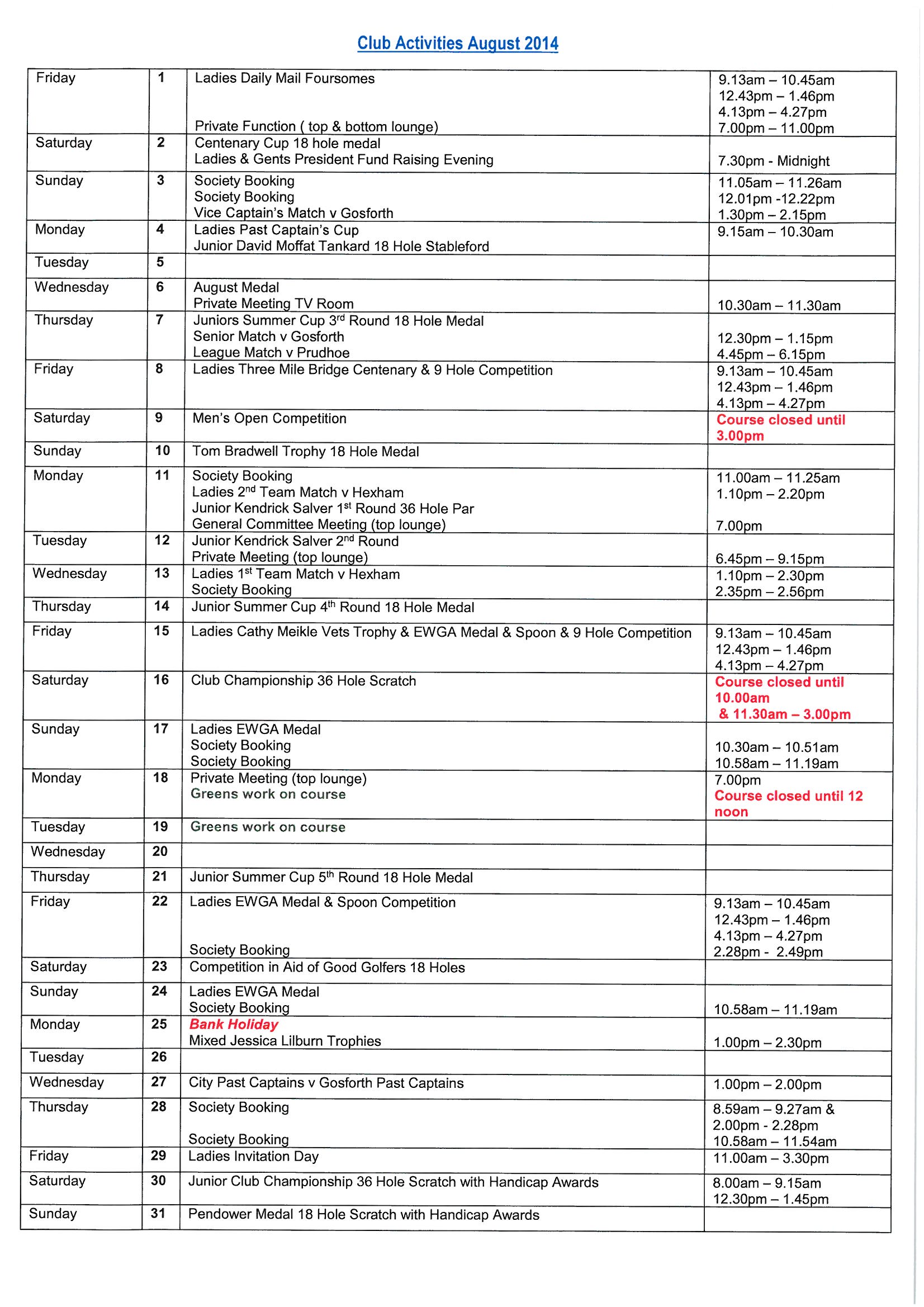 August  2014 Activities