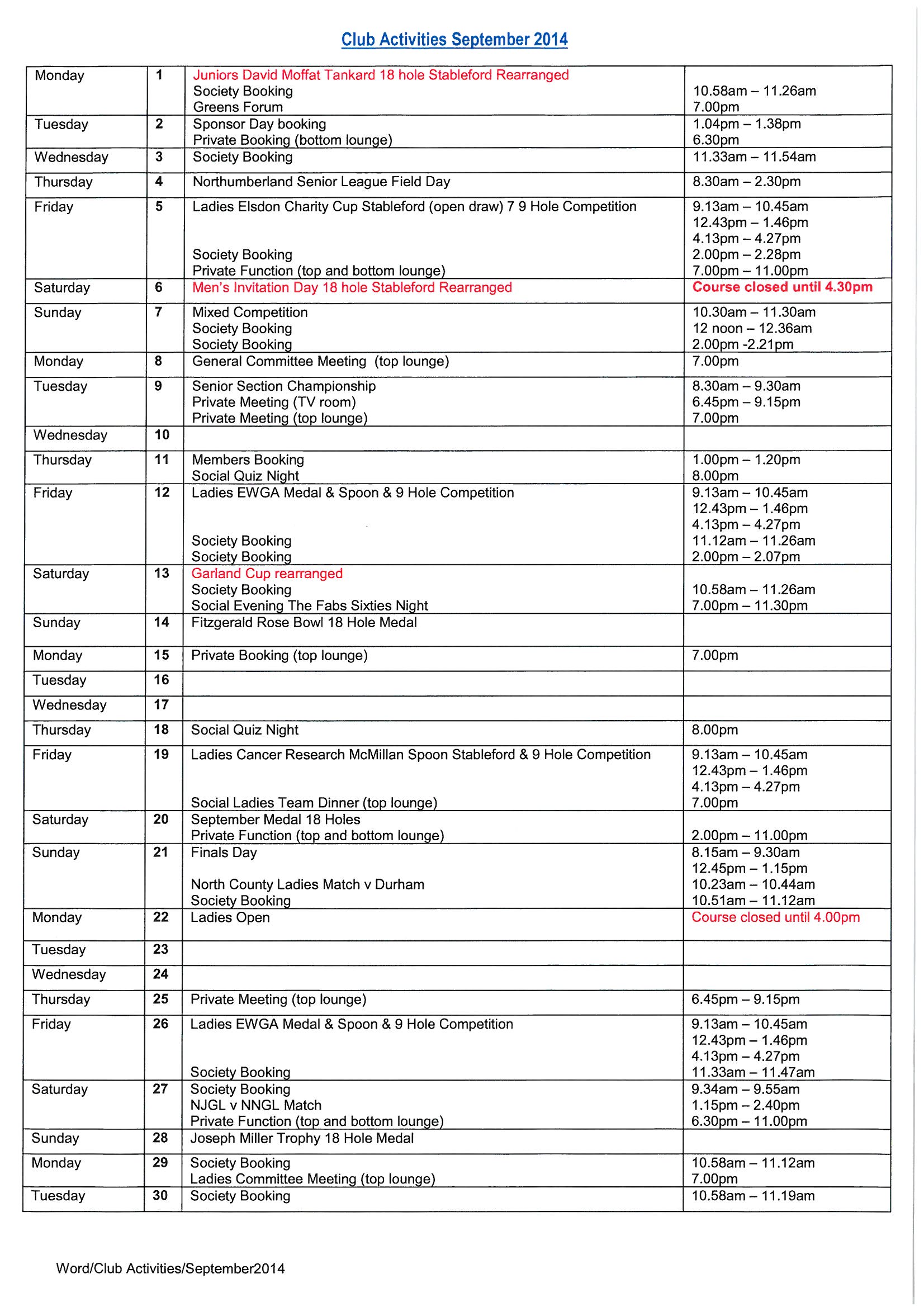 Club Activities September