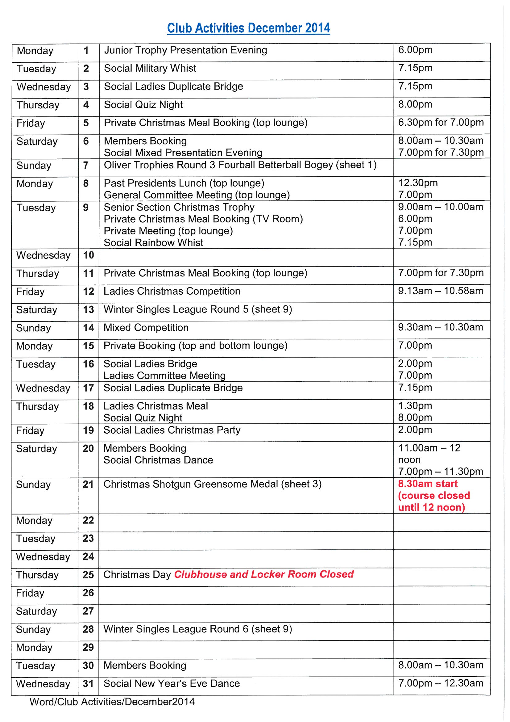 December Activities
