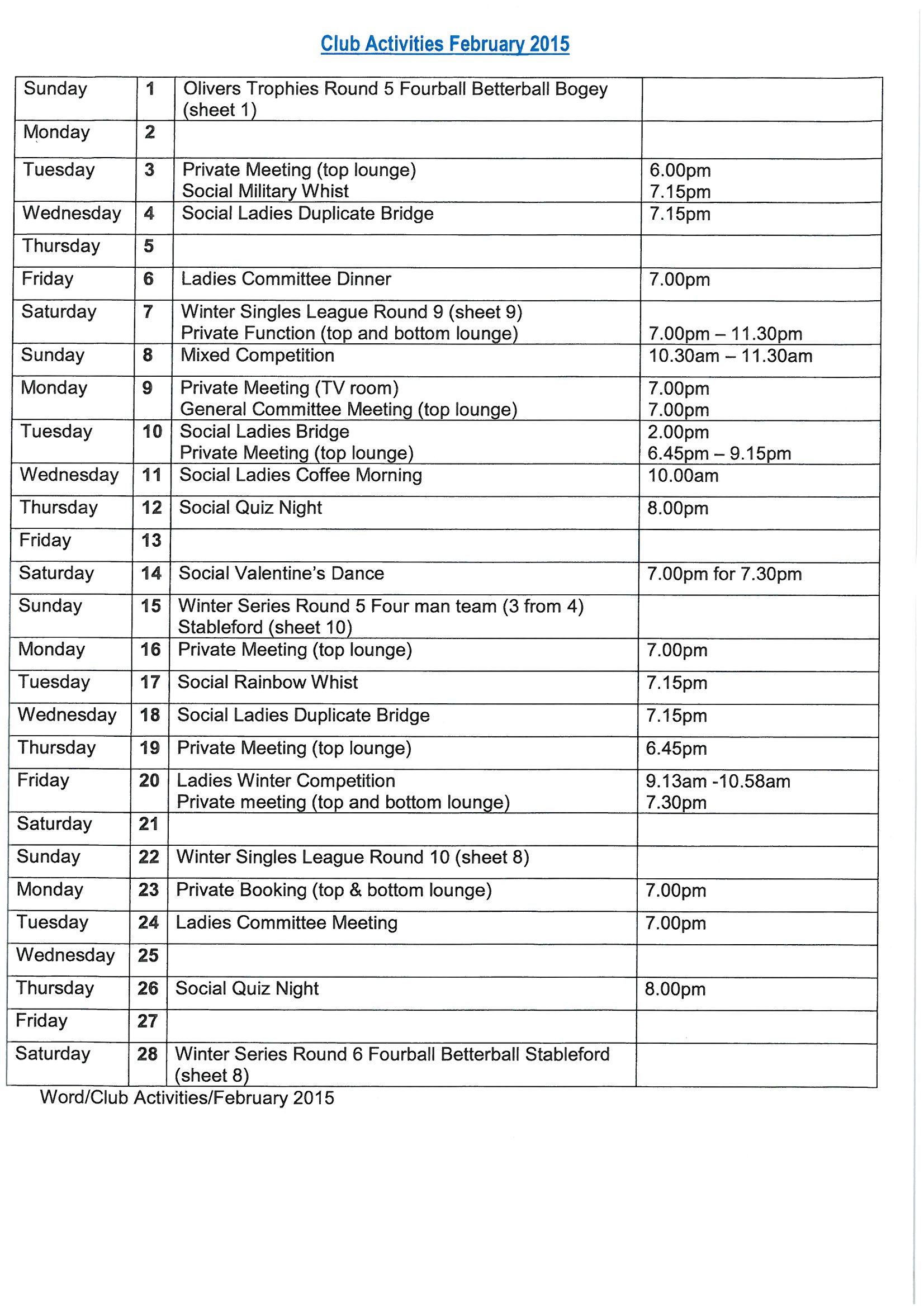 Club Activities Feb 15