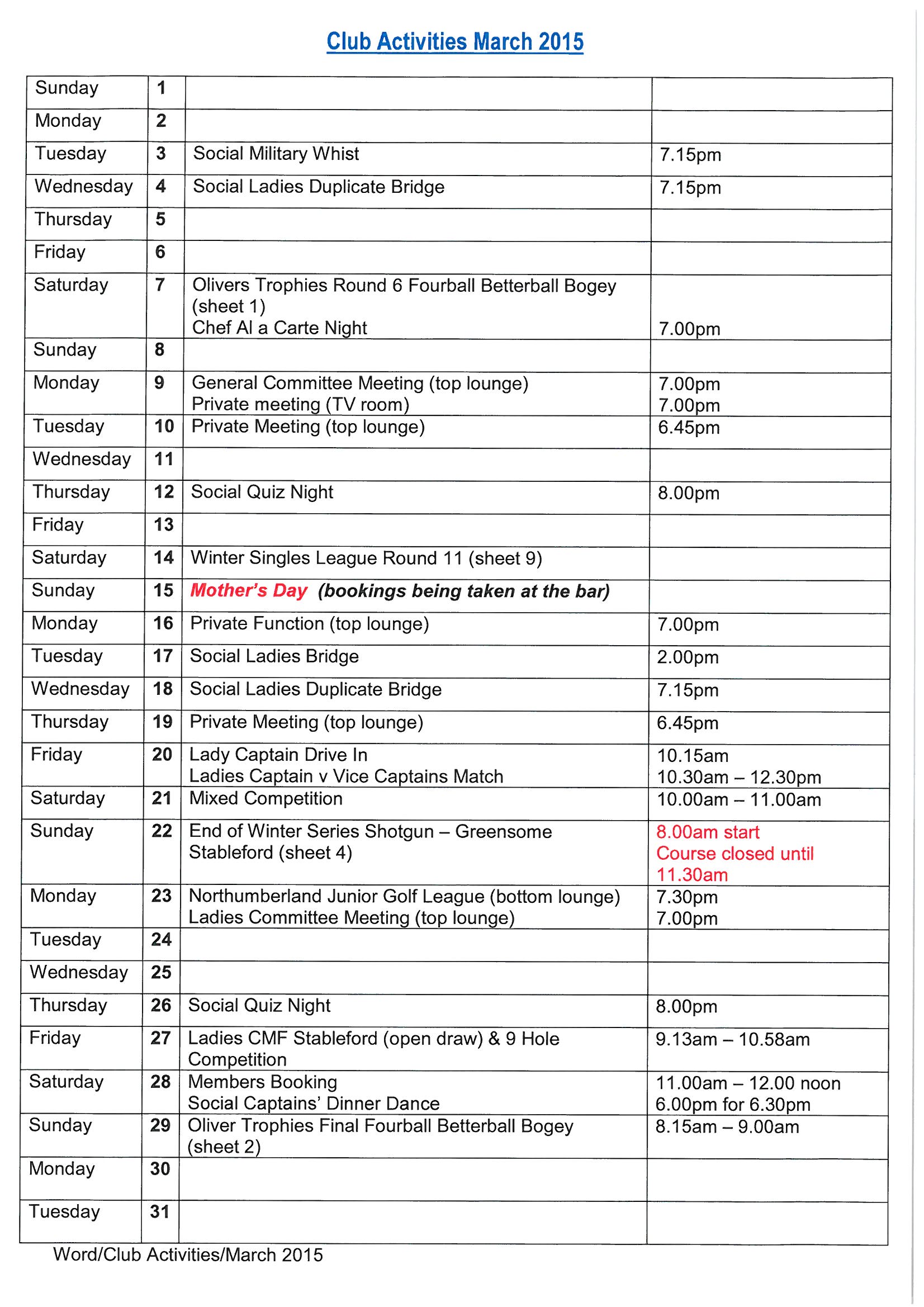 Club Activities March 2015