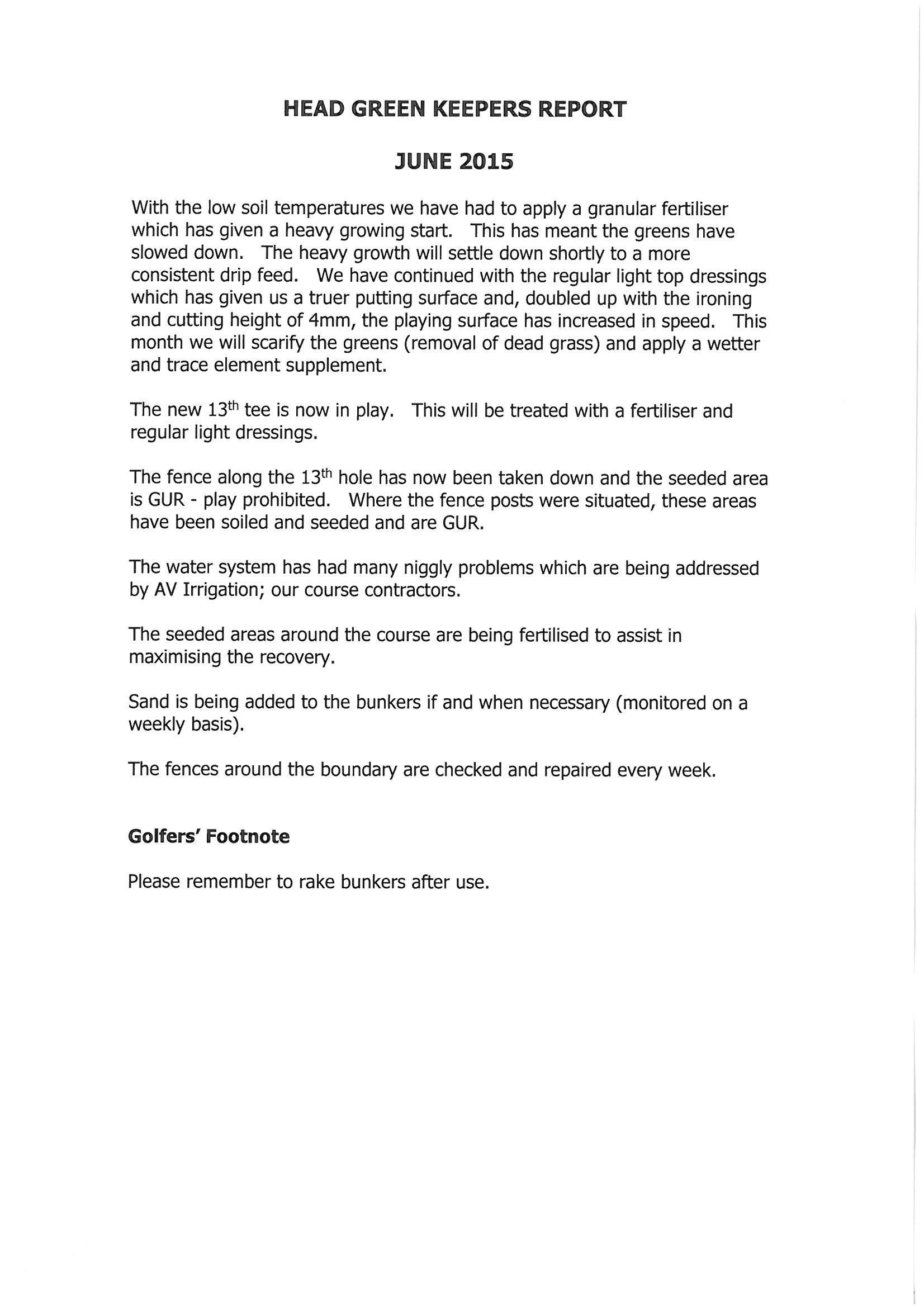 Head Greenkeepers Report June 2015